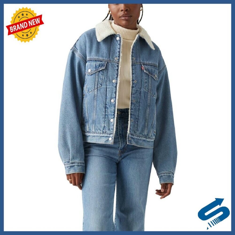 90s Sherpa Trucker Jacket Relaxed Fit Denim Button Closure